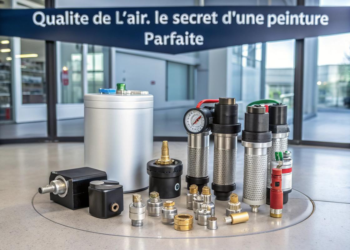 Collection d'accessoires essentiels pour compresseur d'air, incluant filtres, sécheurs, régulateurs de pression et raccords rapides, disposés en composition circulaire avec un texte 'Qualité de l'air : le secret d'une peinture parfaite'.