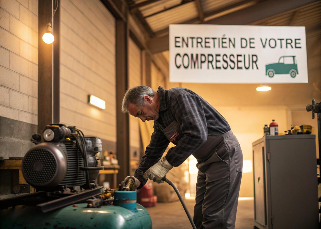 Affiche d'atelier montrant les étapes d'entretien d'un compresseur : vidange d'eau, vérification du niveau d'huile et nettoyage du filtre à air, sous un éclairage chaleureux avec texte 'Entretien de votre Compresseur'.