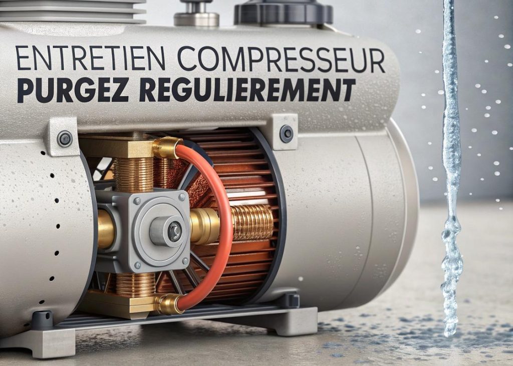 Illustration détaillée d'un compresseur moderne avec condensation interne et gouttes d'eau évacuées par une valve, texte 'Entretien Compresseur : Purgez Régulièrement' en surimpression.