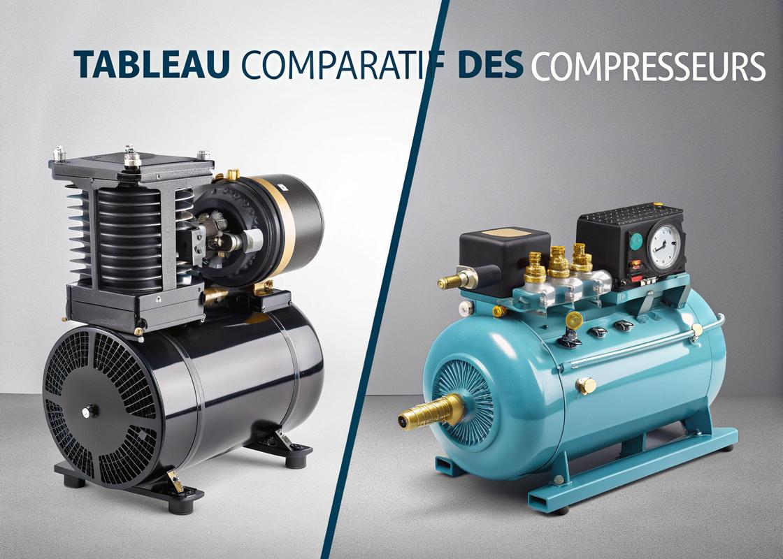 Comparaison côte à côte entre un compresseur à piston à gauche et un compresseur à vis rotative à droite, avec leurs composants respectifs mis en évidence sur fond gris de studio, légender 'Tableau Comparatif des Compresseurs'.