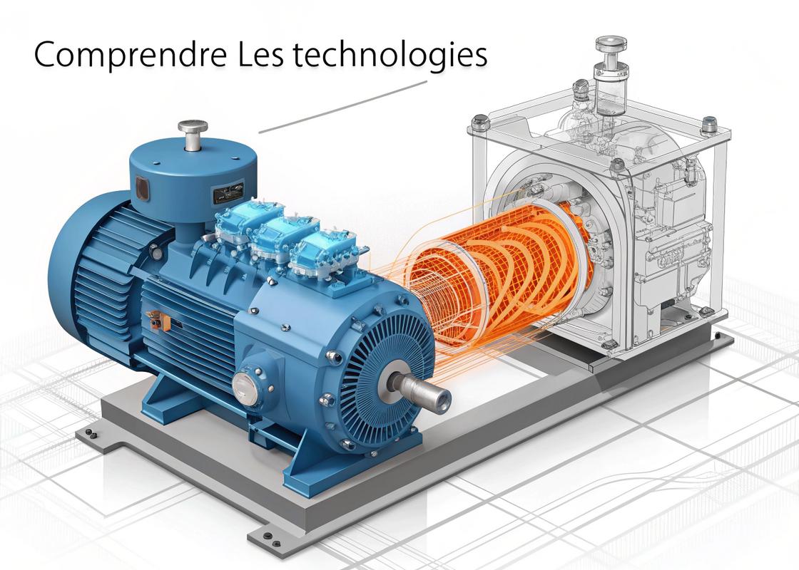 Représentation technique détaillée comparant les compresseurs à pistons et à vis, avec visualisation animée du flux d'air en bleu et orange, sous le titre 'Comprendre les technologies'.