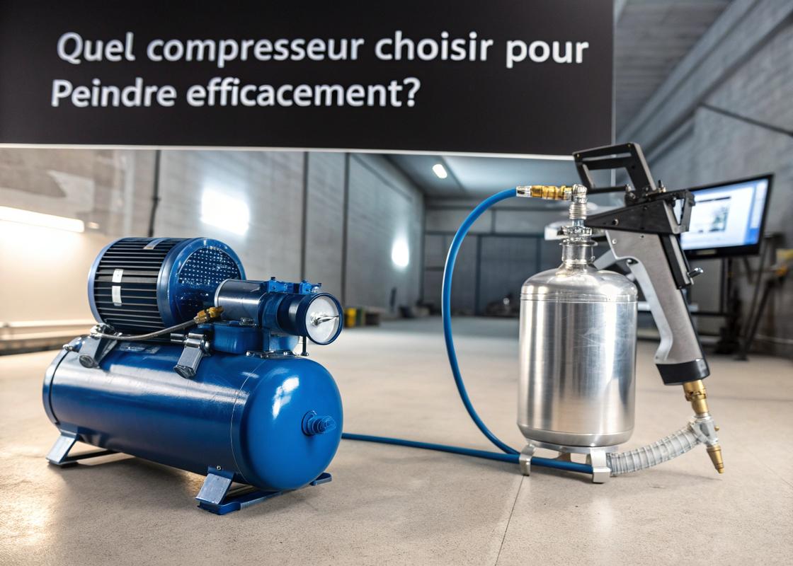 Atelier professionnel avec compresseur d'air 100L et pistolet à peinture HVLP sous éclairage cinématographique avec affichage 'Quel compresseur choisir pour peindre efficacement ?'