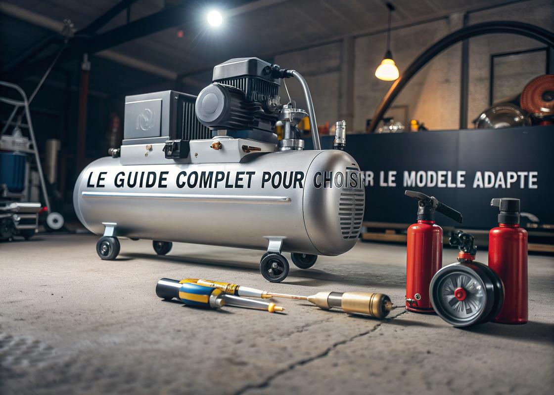 Compresseur d'air électrique moderne avec finition métallique, entouré d'outils tels que pistolets à peinture et cloueuses, dans un atelier professionnel.