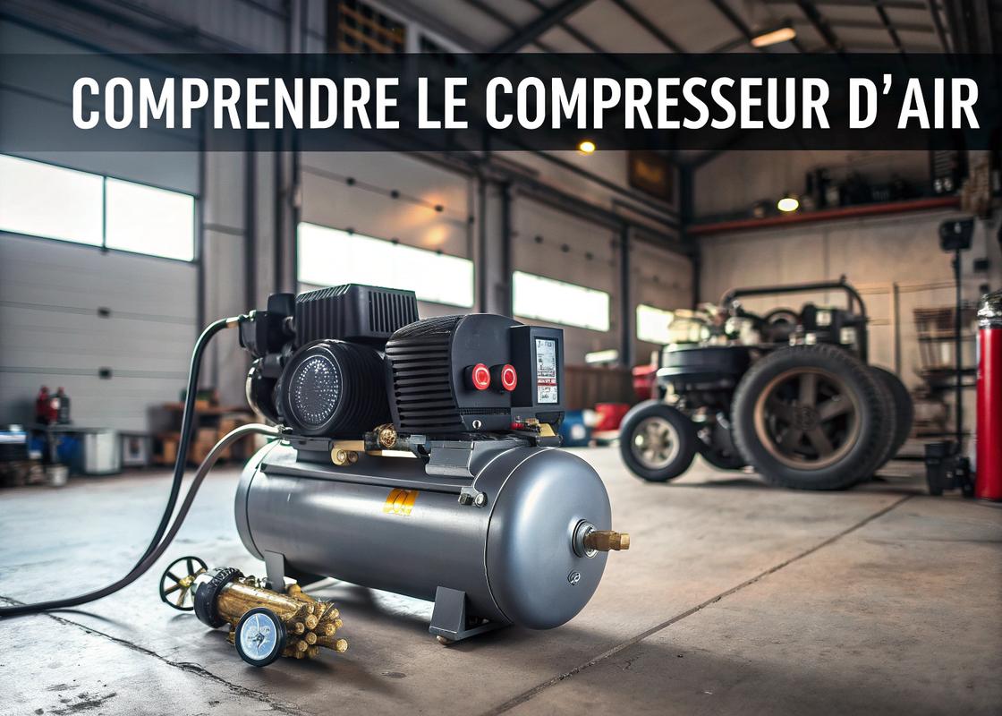 Compresseur d'air puissant avec mécanisme à piston visible, écran digital affichant la pression, entouré d'outils pneumatiques et d'équipements d'atelier, sous un éclairage cinématique.