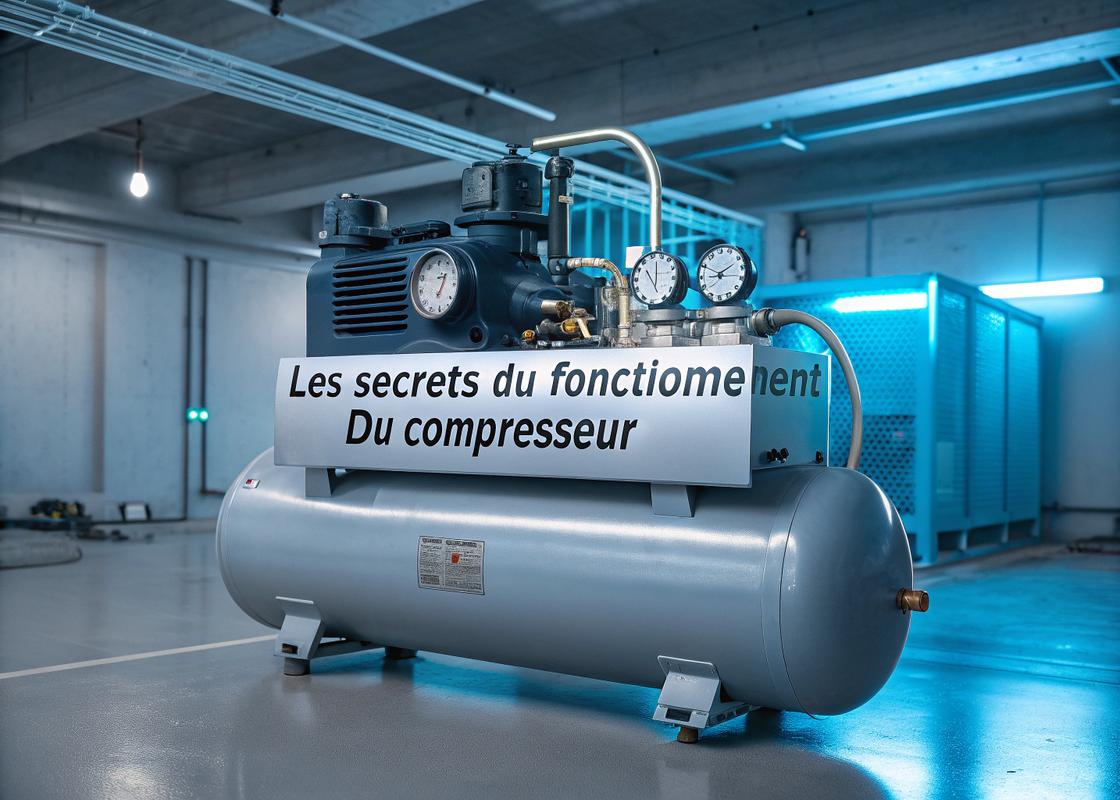 Système de compresseur d'air moderne avec mécanisme à vis rotative, manomètres et cuve dans un environnement industriel high-tech, éclairage néon bleu, et plaque métallique indiquant 'Les Secrets du Fonctionnement du Compresseur'.