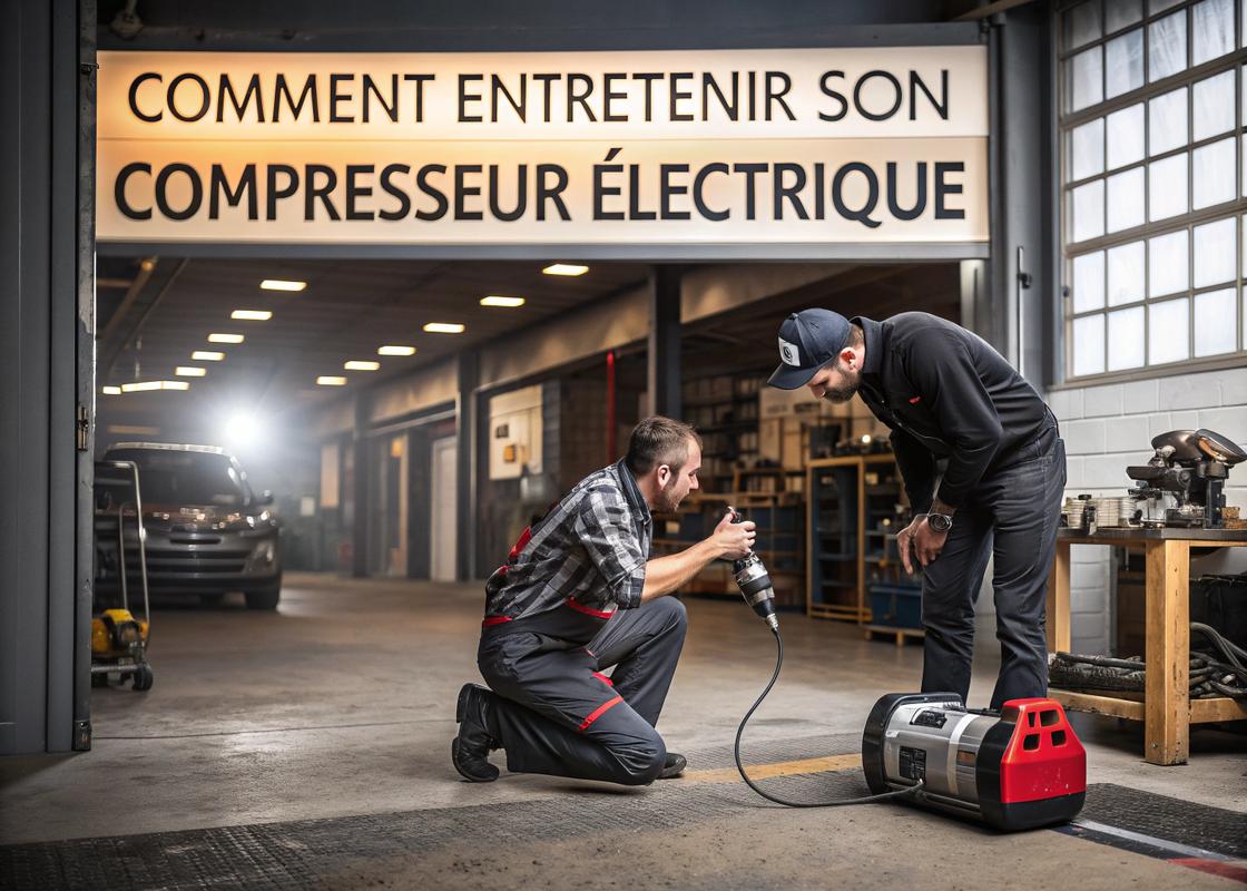 Maintenance d'un compresseur électrique avec un bandeau en français montrant les étapes de purge du réservoir d'air et de vérification du niveau d'huile dans un environnement d'atelier réaliste avec des outils éclairés cinématographiquement.