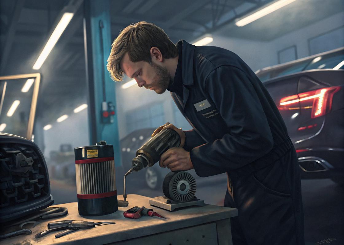 Mécanicien inspectant et nettoyant un filtre à air de compresseur dans un garage bien éclairé, avec des outils soigneusement disposés sur l'établi et une lumière néon douce.