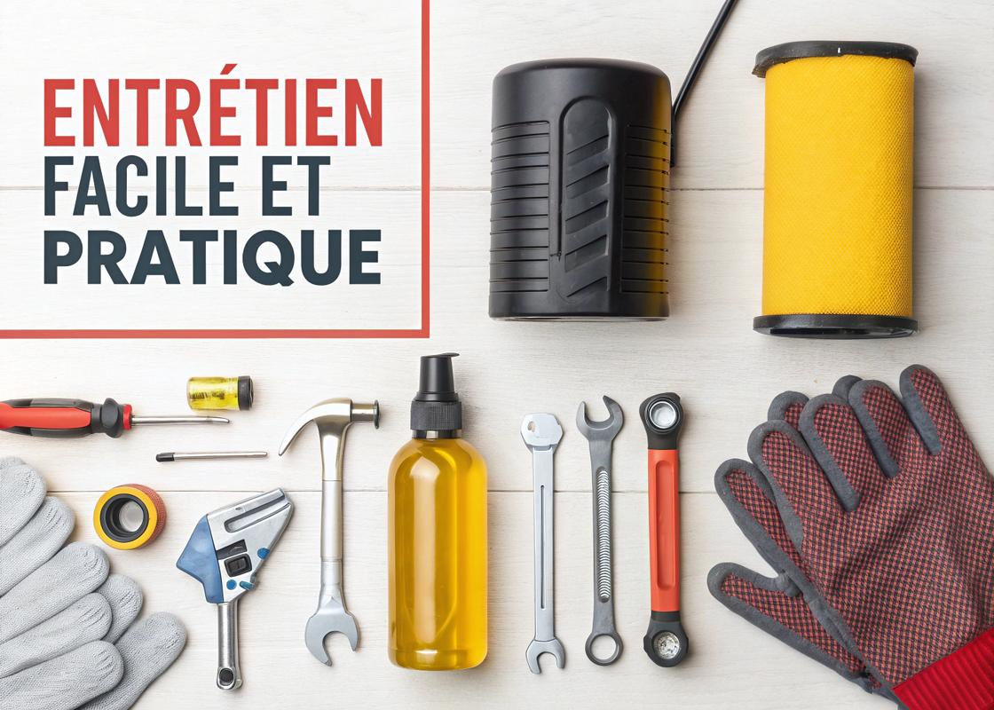 Vue de dessus d'outils d'entretien de compresseur sur un établi, incluant une bouteille d'huile, des clés, des gants, et un filtre de rechange, avec le texte 'Entretien Facile et Pratique' en français.