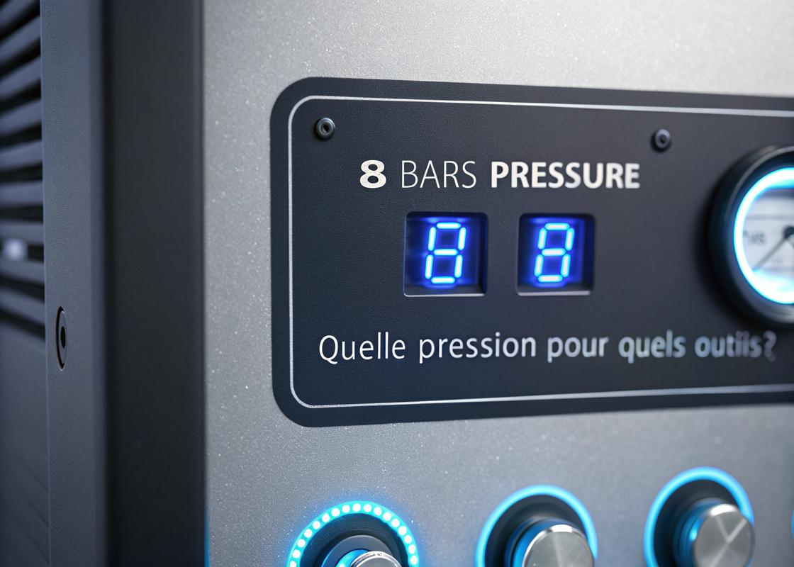 Panneau de contrôle numérique d'un compresseur électrique affichant une pression de 8 bars, avec éclairage bleu doux et détails techniques superposés.