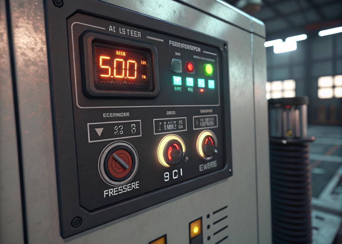 Panneau de contrôle high-tech de compresseur d'air avec affichage numérique des niveaux de pression et température, boutons lumineux et éléments d'interface dans un style industriel.