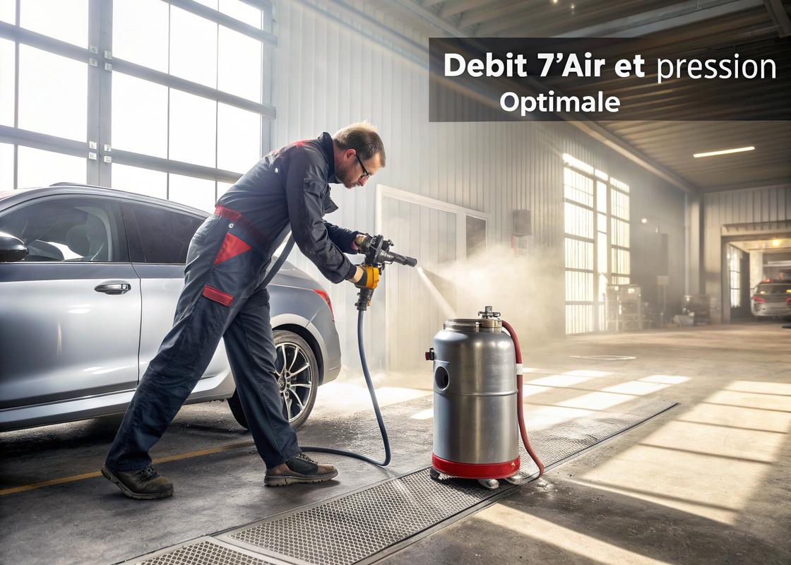 Peintre professionnel utilisant un pistolet à peinture pneumatique relié à un compresseur sans huile de 70L dans un atelier automobile avec une infographie flottante affichant les mesures de pression d'air et des notes techniques en français 'Débit d'air et pression optimale'.