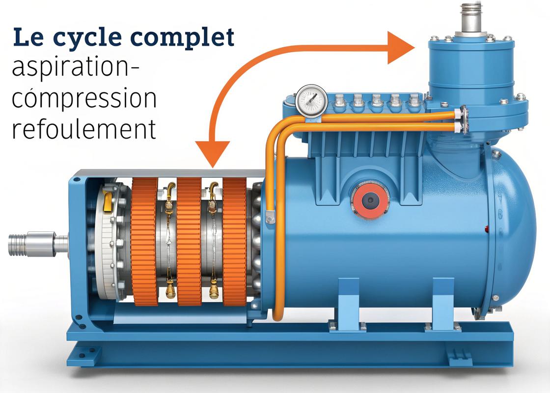 Schéma en coupe d'un système de compresseur d'air avec flèches animées indiquant le flux d'air, légendé en français 'Le Cycle Complet Aspiration-Compression-Refoulement', en couleurs vives bleu et orange.