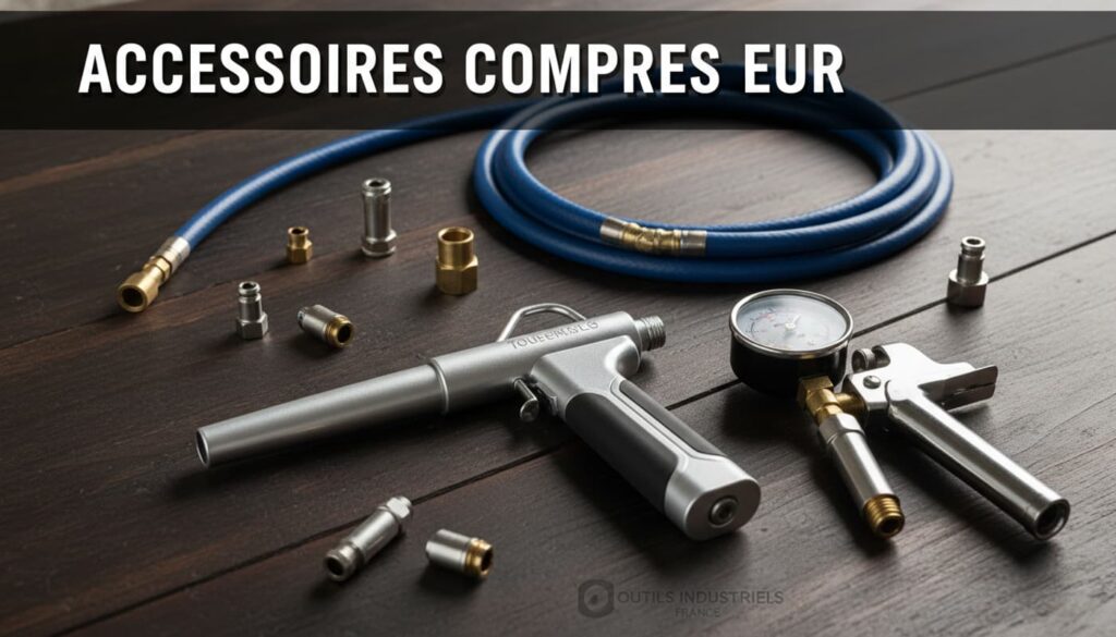 Une soufflette, un gonfleur de pneus avec manomètre et un tuyau d'air bleu sont disposés sur un établi en bois sombre avec le texte ACCESSOIRES COMPRESSEUR.