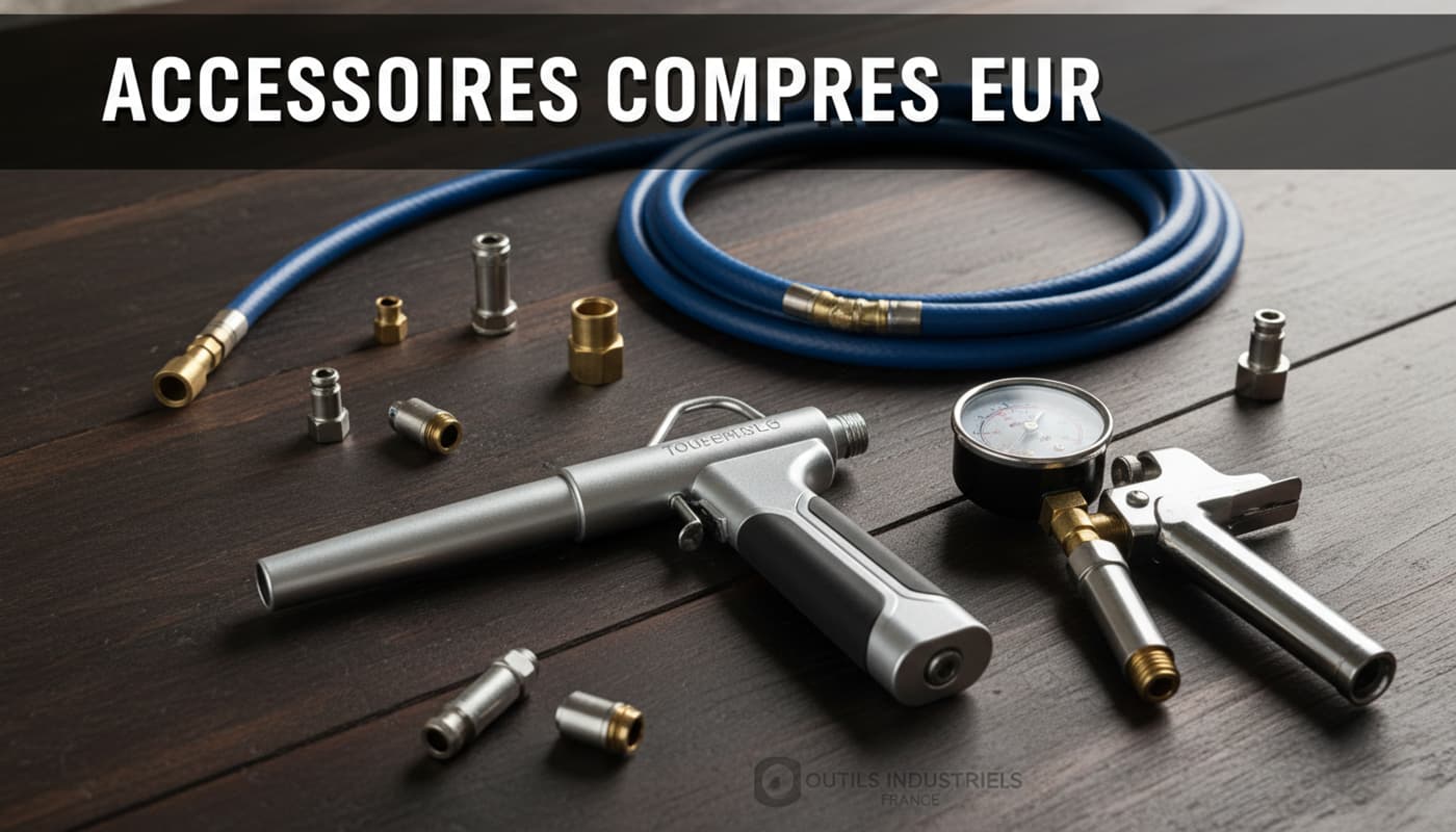 Accessoires compresseur disposés sur un établi en bois