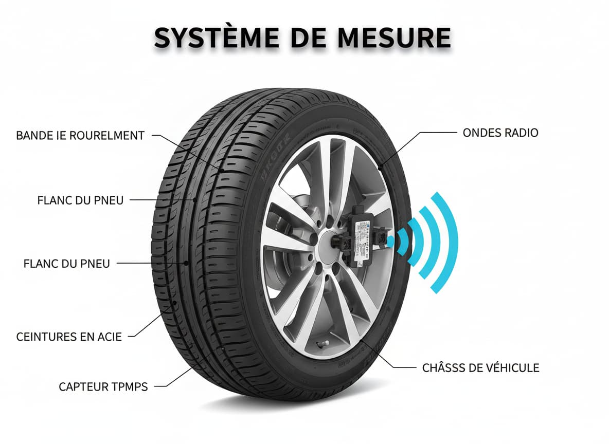 Coupe technique d'un pneu sur sa jante montrant un capteur TPMS électronique fixé à la valve avec des ondes radio et le texte Système de mesure.