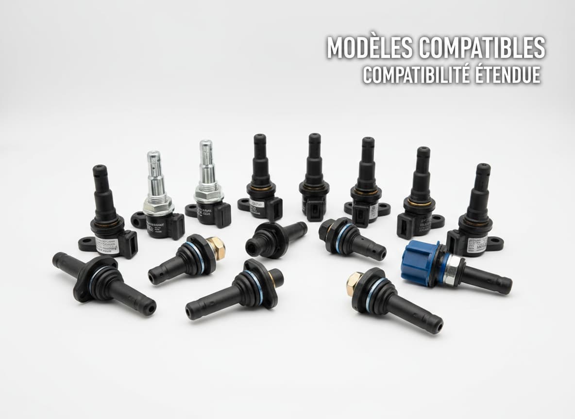 Des capteurs de pression TPMS Continental, Schrader et Bosch avec divers types de valves sont disposés sur fond blanc sous la mention Modèles compatibles.