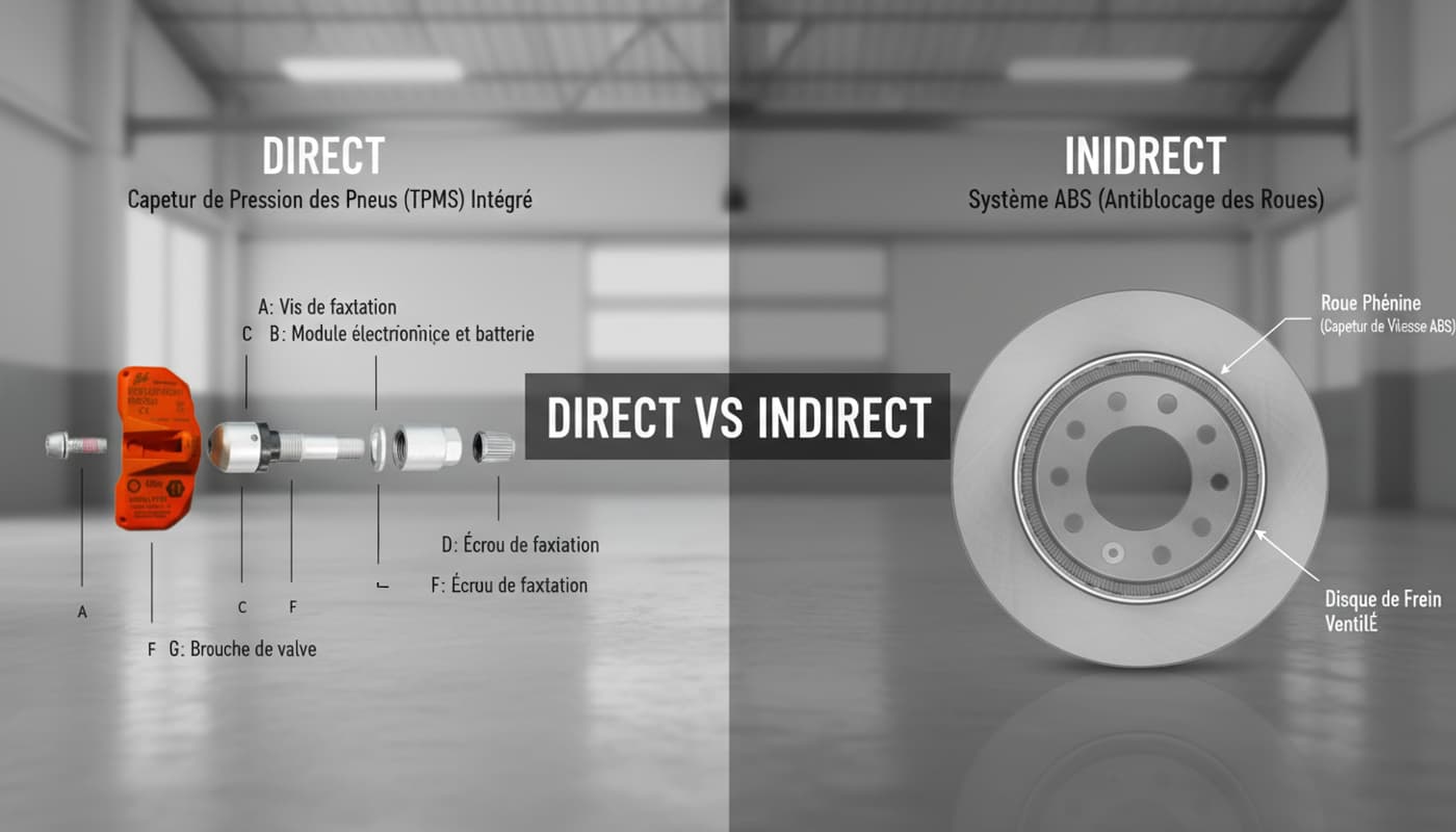 Infographie montrant une valve de pneu avec capteur TPMS direct à gauche et une bague dentée ABS indirecte sur disque de frein à droite.