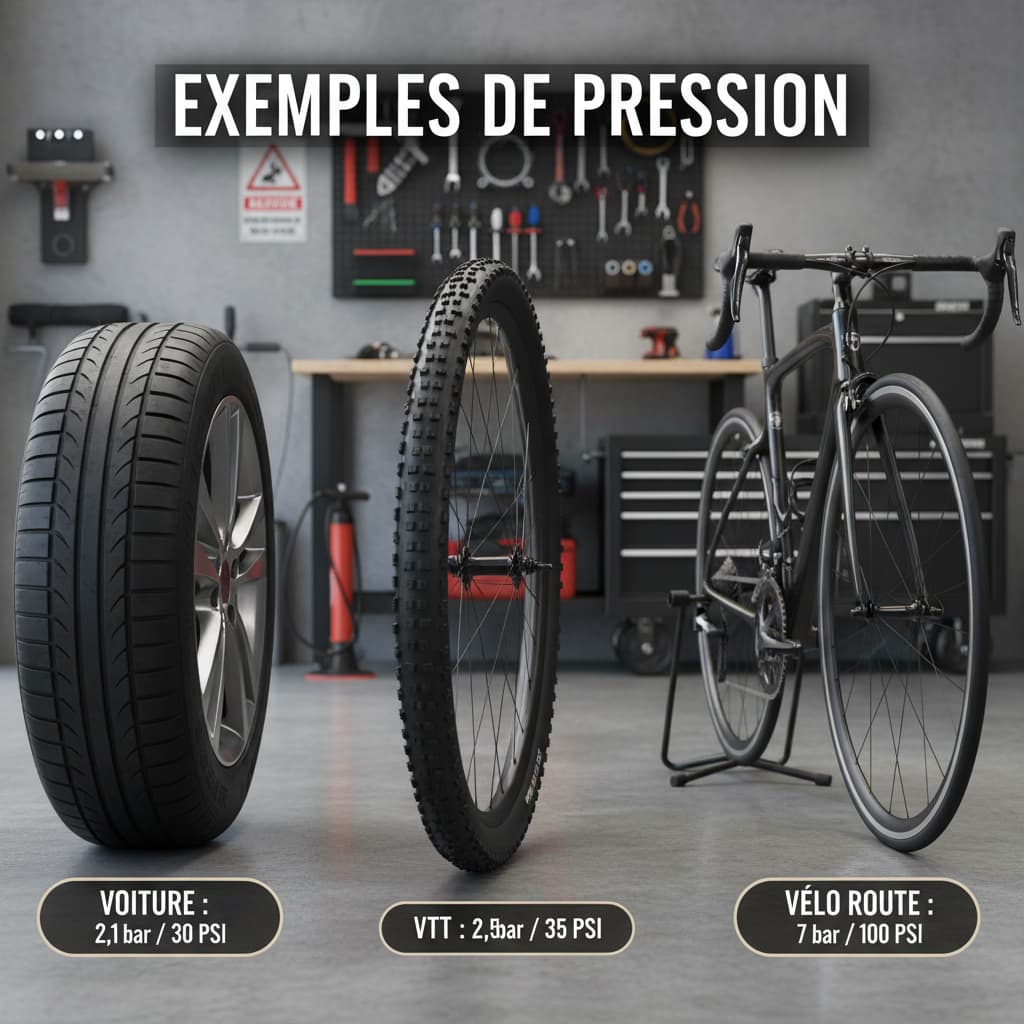 Un pneu de voiture, une roue de VTT et un vélo de route sont accompagnés d'étiquettes de pression en bar et PSI sous le titre Exemples de pression.