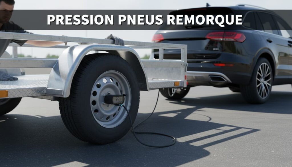 Une personne vérifie la pression d'un pneu de remorque utilitaire avec un manomètre digital à côté d'une voiture avec l'inscription Pression Pneus Remorque.