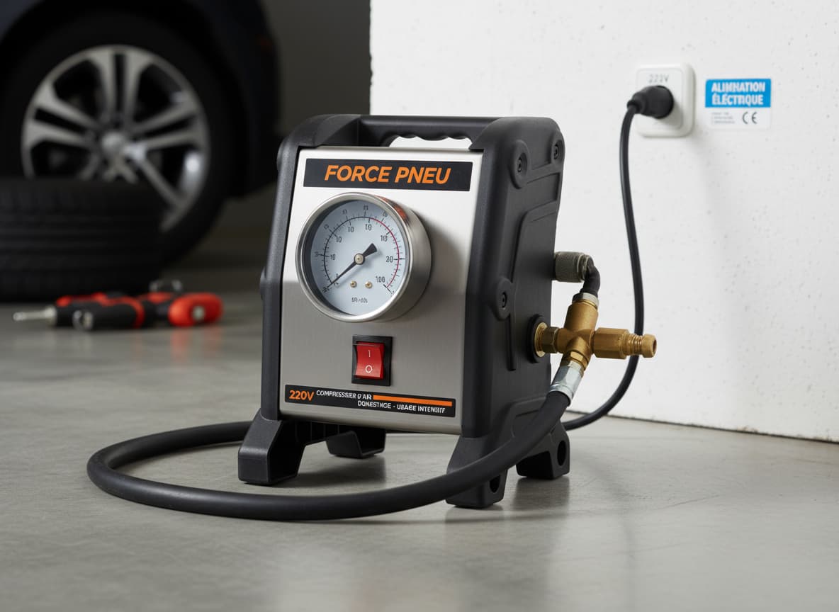 Un gonfleur de pneu portable bleu sarcelle et noir muni d'une batterie 18V amovible s'active sur la roue d'un SUV de luxe dans un garage professionnel