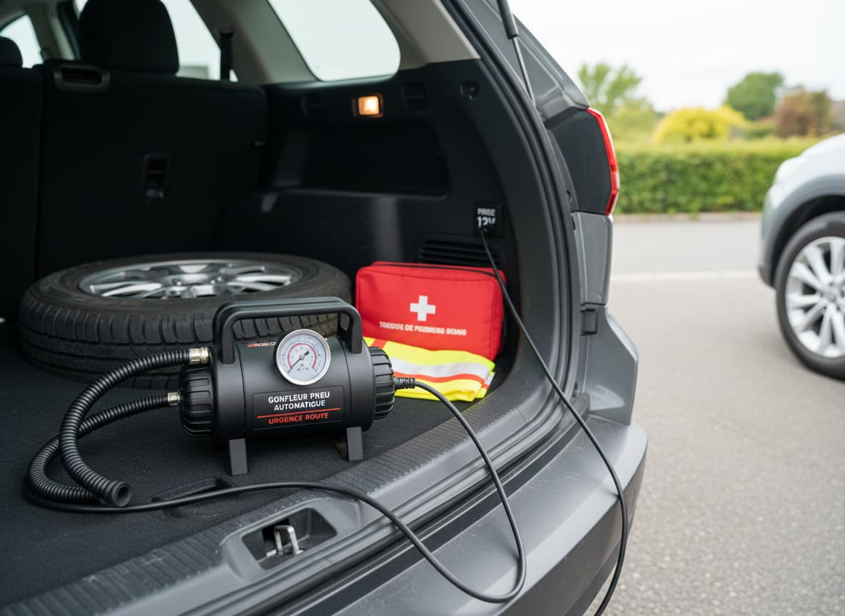 Un gonfleur de pneus 12V noir mat branché sur la prise allume-cigare à l'intérieur du coffre d'une voiture familiale