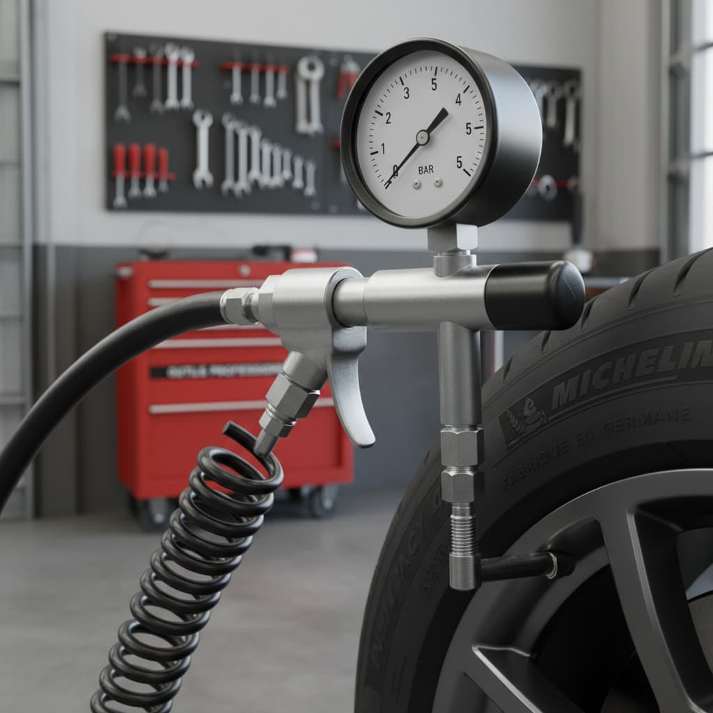 Gonfleur professionnel avec manomètre analogique sur valve de pneu