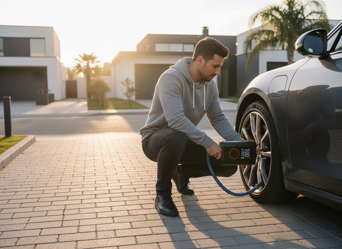 Un automobiliste utilise un gonfleur de pneu portatif sans fil dans une allée moderne au soleil couchant