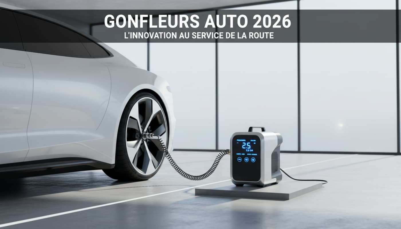Gonfleur de pneus avec affichage numérique près d'une roue de voiture électrique dans un garage moderne