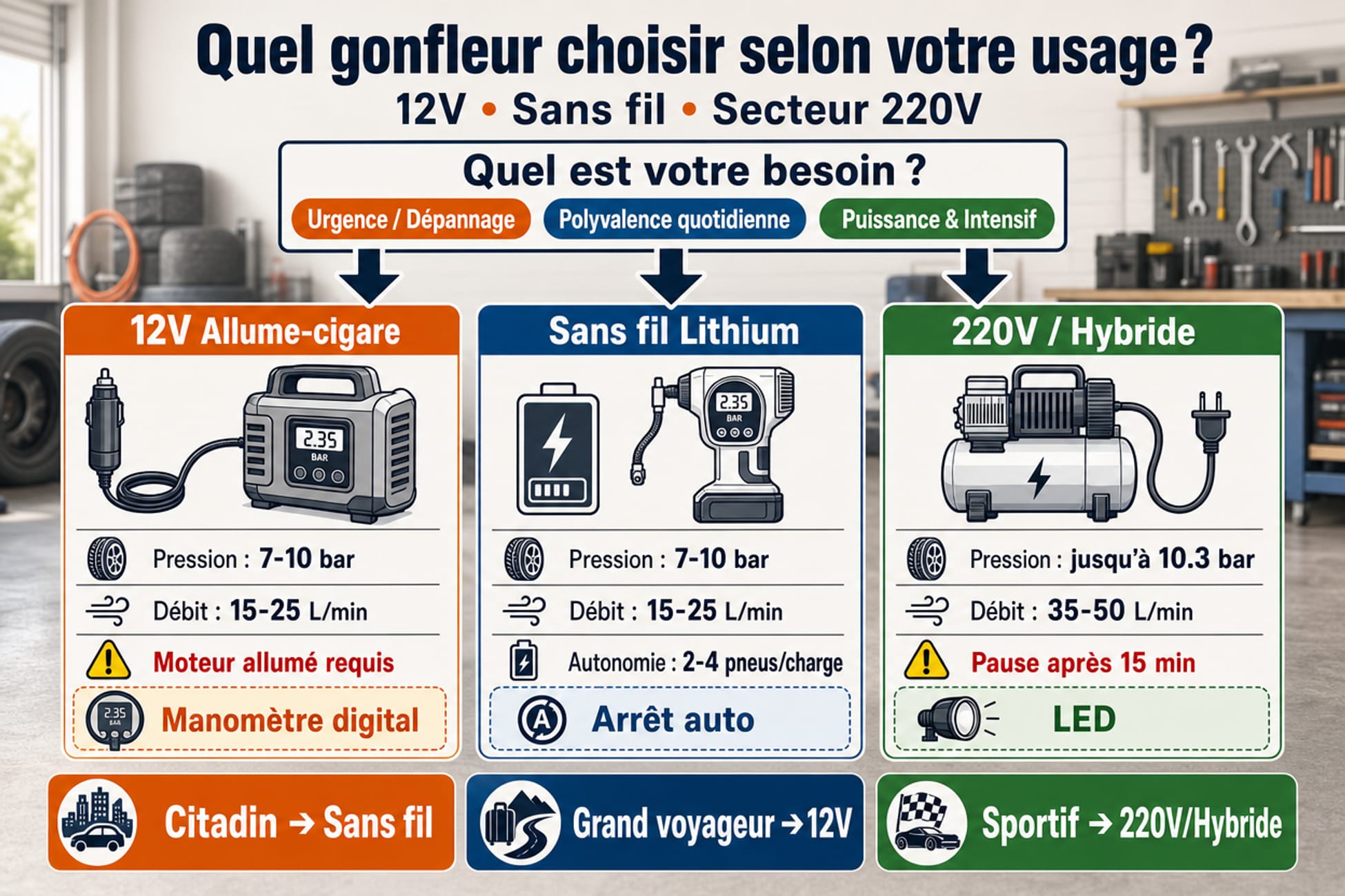 Infographie comparative pour choisir un gonfleur selon l'usage entre 12V allume-cigare, sans fil lithium et 220V hybride