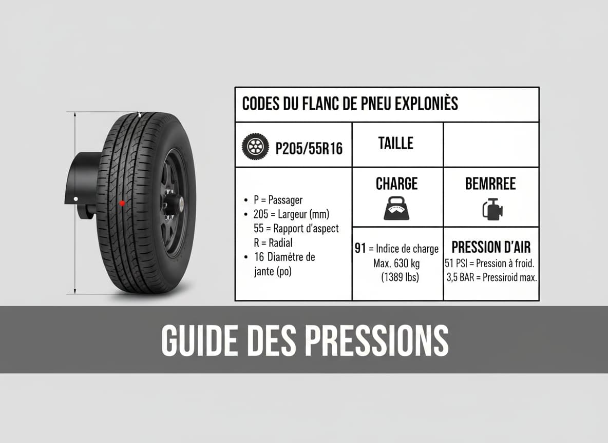 Tableau indiquant les pressions d'air recommandées selon la taille des pneus et la charge pour des pneus de remorque à côté d'une roue.