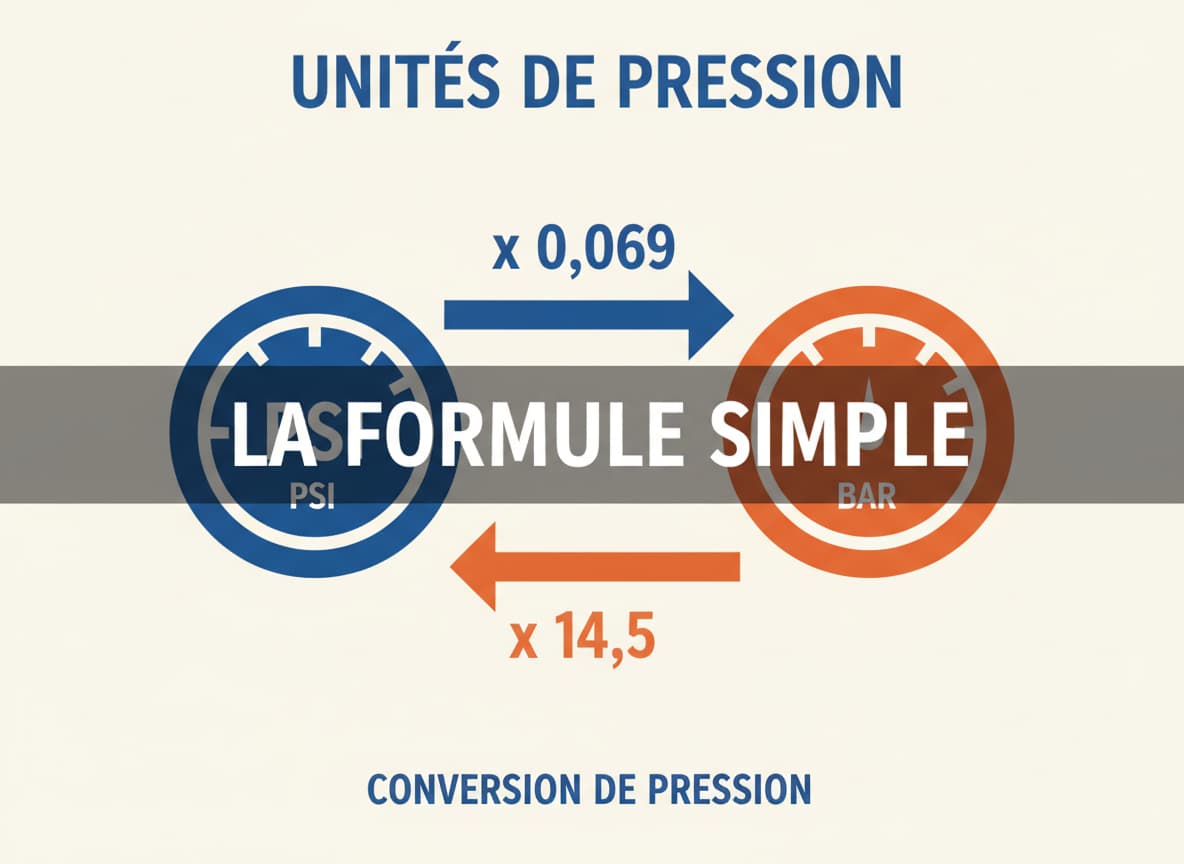 Infographie pédagogique en flat design bleu et orange présentant les formules de conversion entre PSI et BAR avec la mention la formule simple.