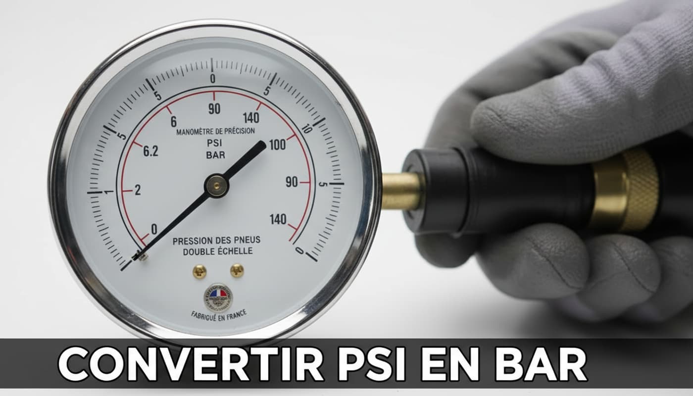 Un manomètre analogique affiche des doubles échelles de mesure en PSI et en bar avec le texte Convertir PSI en bar en surimpression.