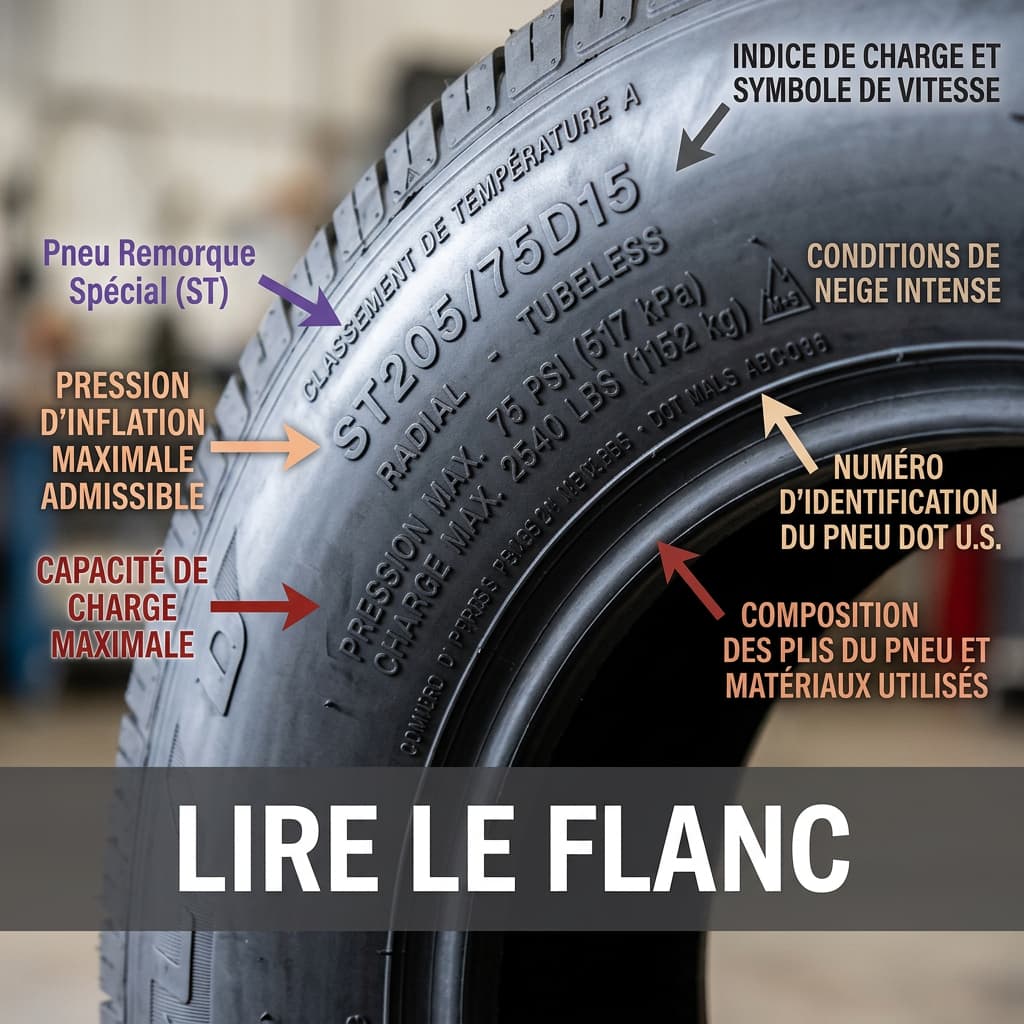 Gros plan du flanc d'un pneu de remorque affichant les marquages techniques de pression et de charge avec des flèches et le texte LIRE LE FLANC.