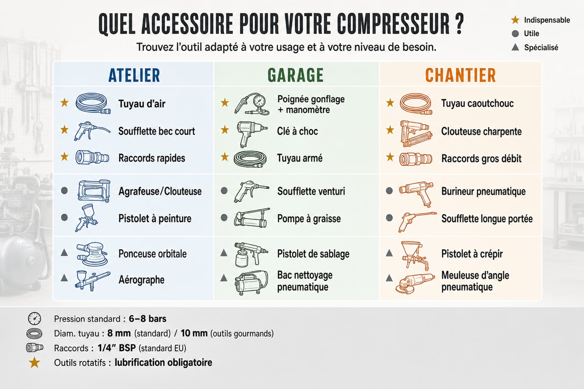 Matrice de choix des accessoires pour compresseur par usage et priorité