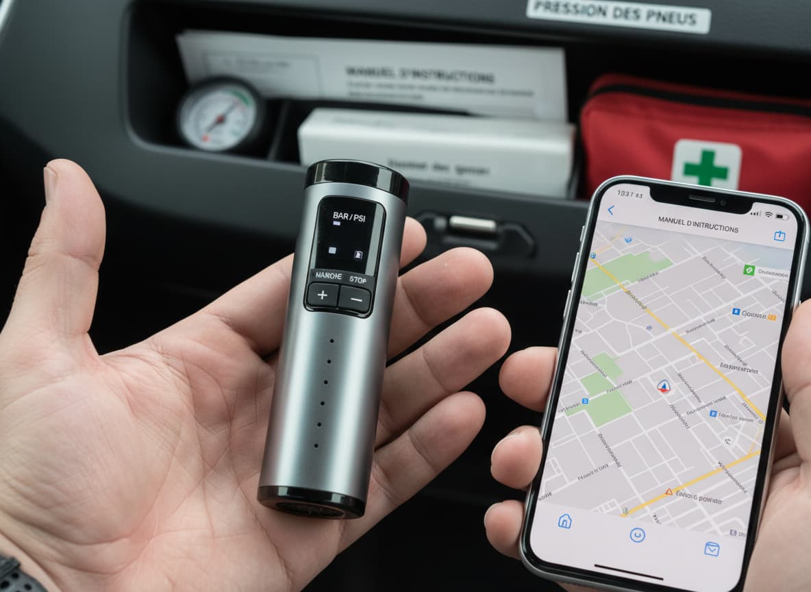 Mini-compresseur portable tenant dans la main comparé à un smartphone devant une boîte à gants de voiture