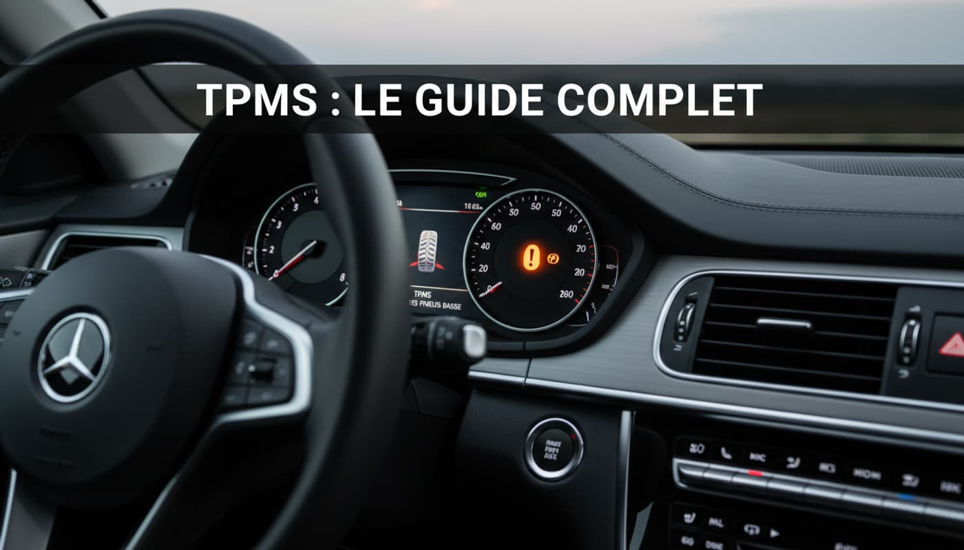 Témoin orange de pression des pneus brillant sur un tableau de bord numérique de voiture avec le texte TPMS : LE GUIDE COMPLET.
