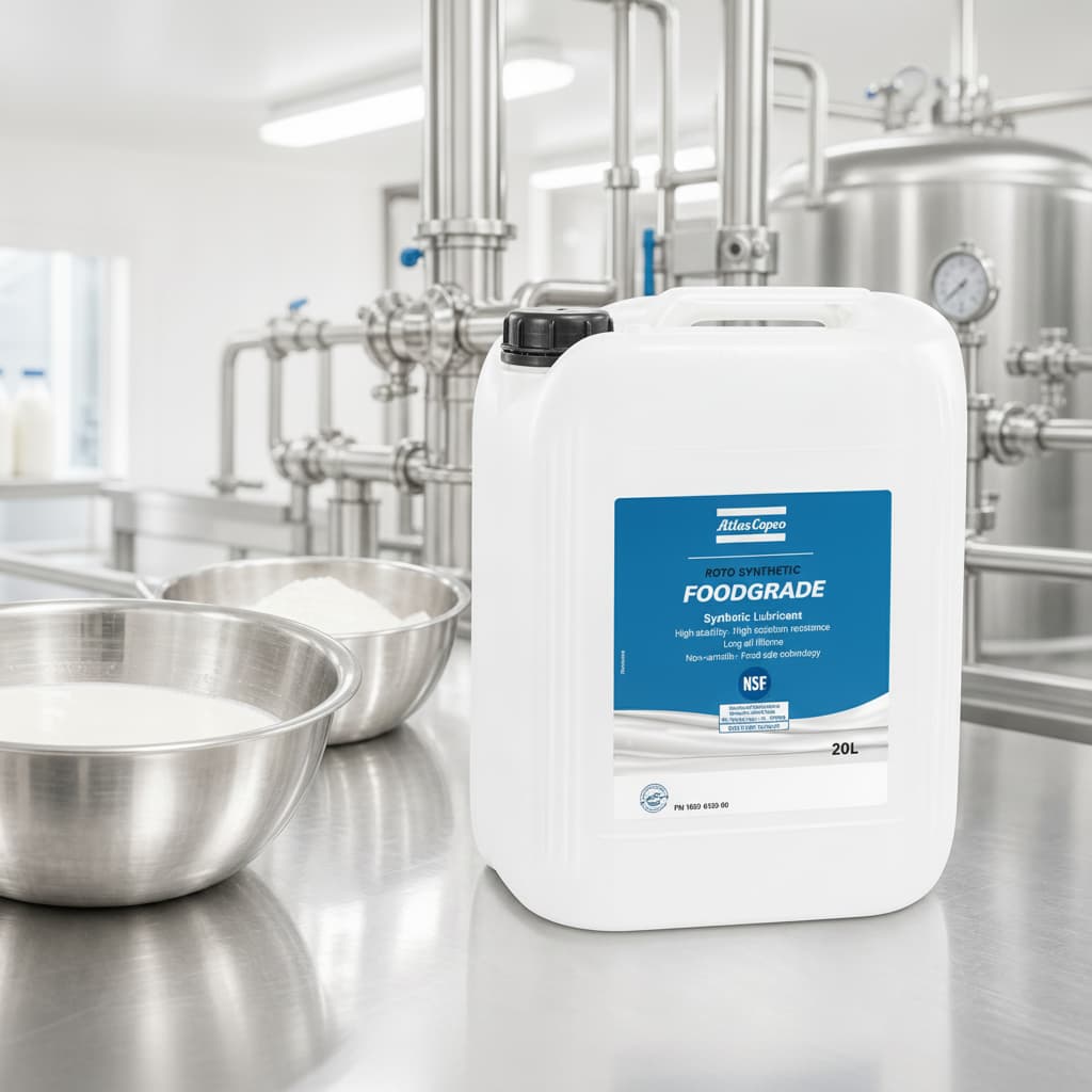 Un seau de lubrifiant Atlas Copco Roto Synthetic Foodgrade est posé à côté de bols en acier inoxydable et d