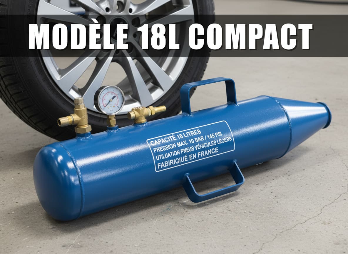 Réservoir cylindrique en acier peint avec valves en laiton reposant sur un sol en béton à côté d'une roue de voiture, avec texte superposé 'MODÈLE 18L COMPACT'.