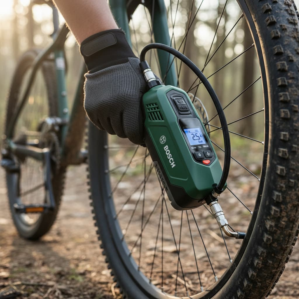 Une personne utilise une pompe électrique Bosch EasyPump pour gonfler un pneu de VTT, avec le logo vert et noir visible sur l'appareil.