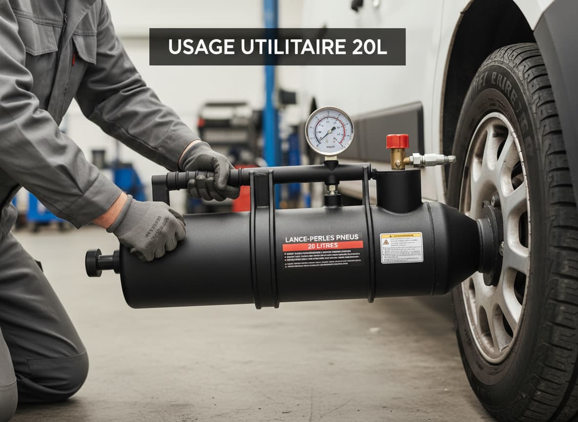 Un professionnel tient un canon à air de 20 litres à double poignée près d'un pneu de van, avec un manomètre et une valve de sécurité.