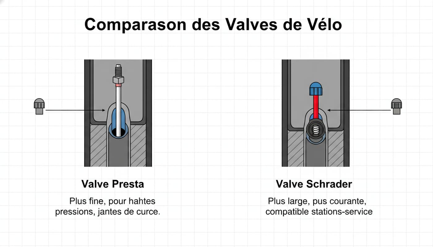Comparaison côte à côte d'une valve Presta et d'une valve Schrader sur des jantes de vélo, avec des étiquettes indiquant leurs noms en français.