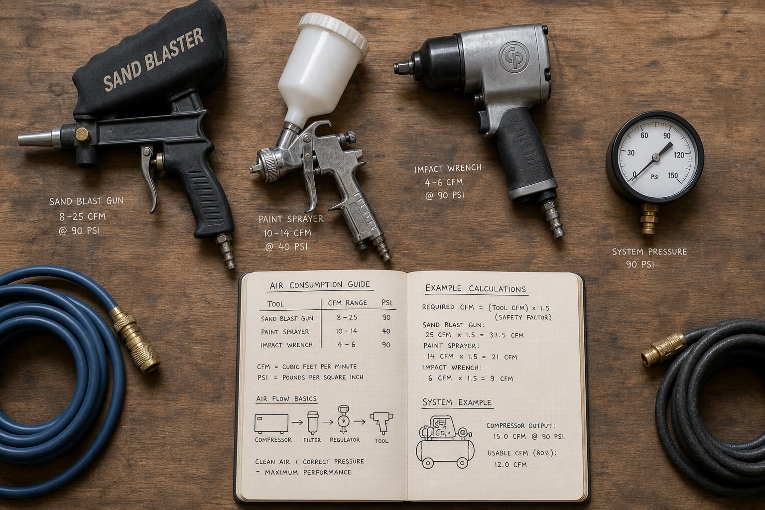 Vue de dessus d'outils pneumatiques disposés sur un établi : une sableuse, un pistolet à peinture et une clé à chocs, accompagnés d'un manomètre et d'un carnet de notes avec calculs techniques, sous une lumière douce.