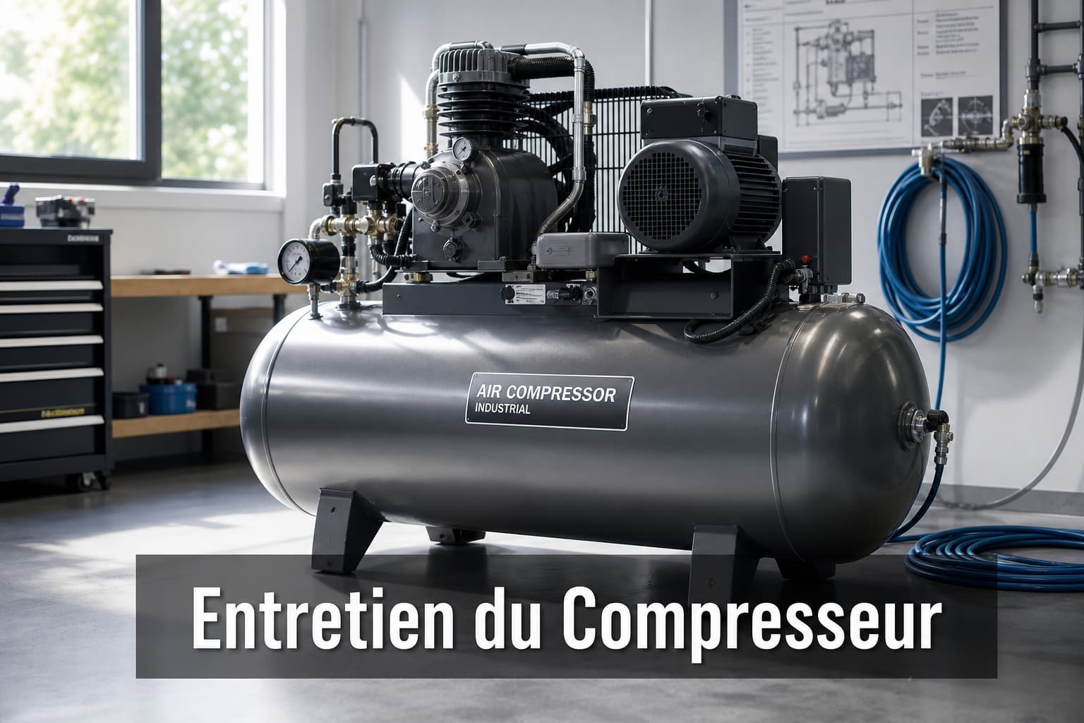 Compresseur d'air industriel bien entretenu avec réservoirs métalliques polis et tuyaux enroulés, dans un atelier moderne éclairé par une lumière naturelle, avec le texte 'Entretien du Compresseur' superposé en bas.