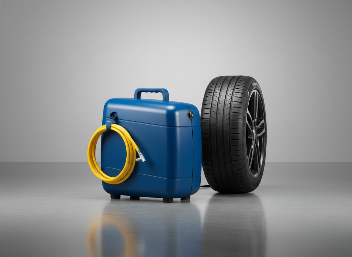 Un compresseur d'air bleu en forme de mallette posé sur un sol de garage propre à côté d'un pneu de voiture, avec un tuyau d'air jaune enroulé sur le côté.