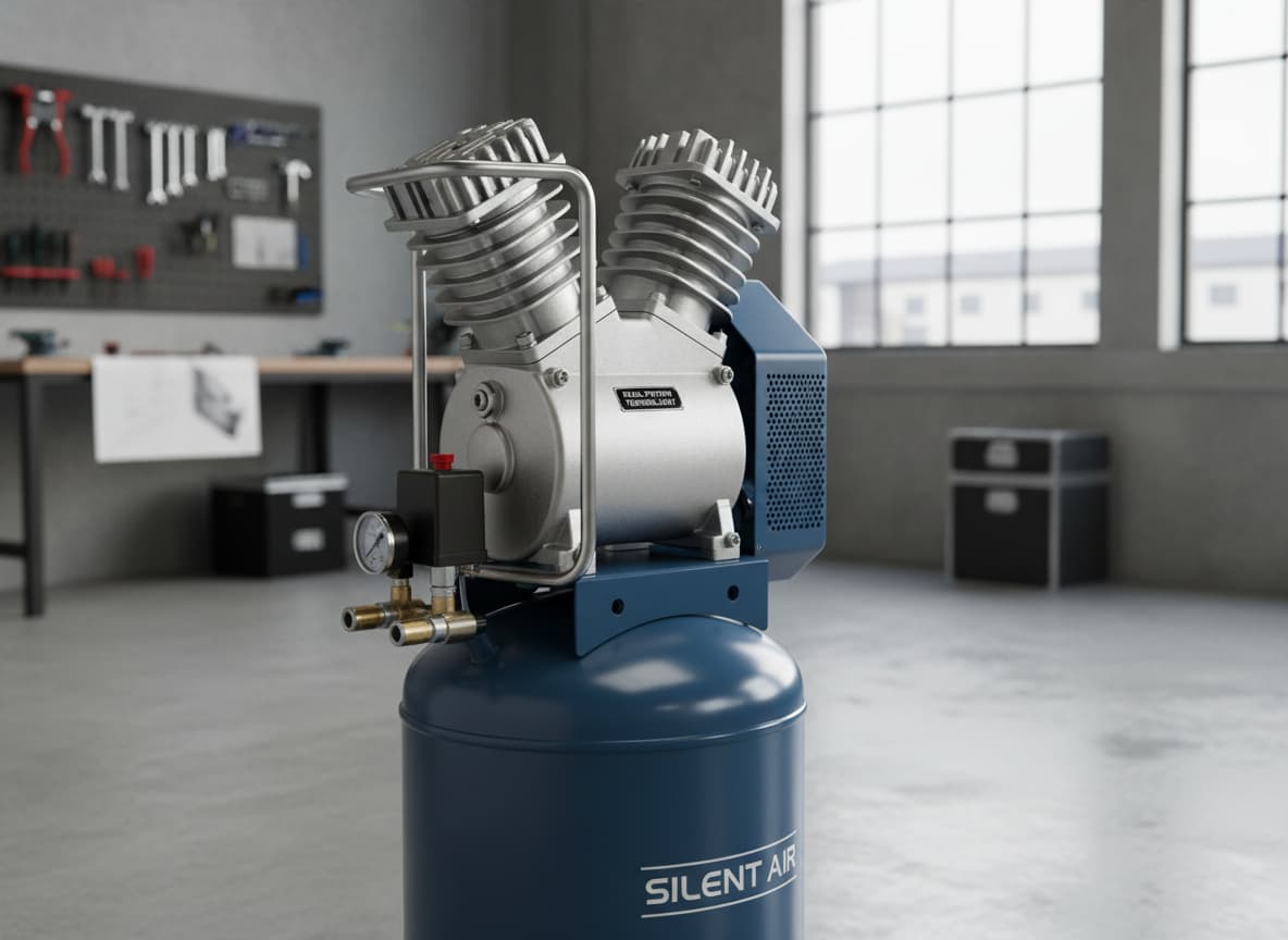 Compresseur d'air silencieux vertical avec un moteur à double piston visible au sommet, finition bleue et grise, posé dans un coin d'atelier moderne, vue rapprochée en trois quart.