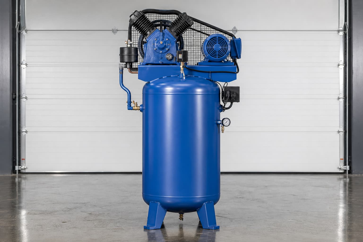Grand compresseur d'air industriel stationnaire avec réservoir vertical de 500 litres, tête de pompe en fonte, peint en bleu industriel, posé sur un sol en béton poli dans un garage propre, sous un éclairage de studio mettant en valeur sa robustesse et la qualité des soudures.