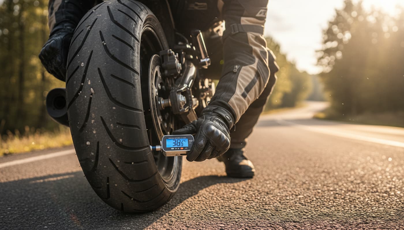 Un motard en tenue de cuir vérifie la pression d'un pneu arrière de moto avec un manomètre numérique sur une route ensoleillée, fond flou de route sinueuse.