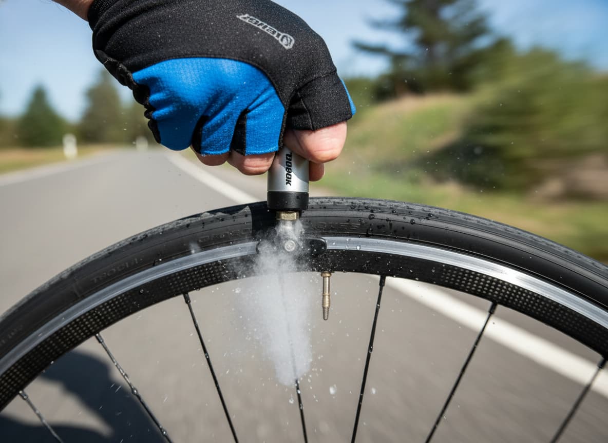 Une main gantée de cycliste utilise un gonfleur Topeak TubiBooster sur une valve de vélo de route, un léger brouillard de gaz s'échappe autour de la buse.