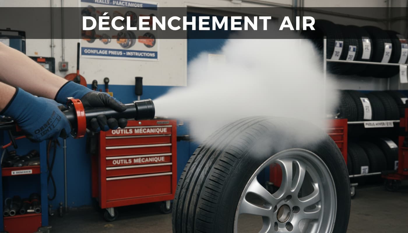 Un mécanicien portant des gants de sécurité actionne un canon à air, provoquant un souffle qui scelle le talon du pneu sur la jante métallique.