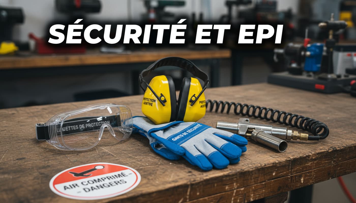 Des lunettes de sécurité transparentes, un casque anti-bruit jaune et des gants de protection sont posés sur un établi de travail à côté d'une soufflette à air comprimé, sous l'inscription Sécurité et EPI.